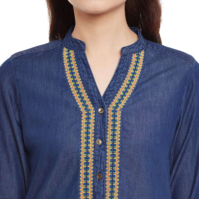 Denim dark wash tunic with 3/4th sleeves and embroidery around  slim collar placket