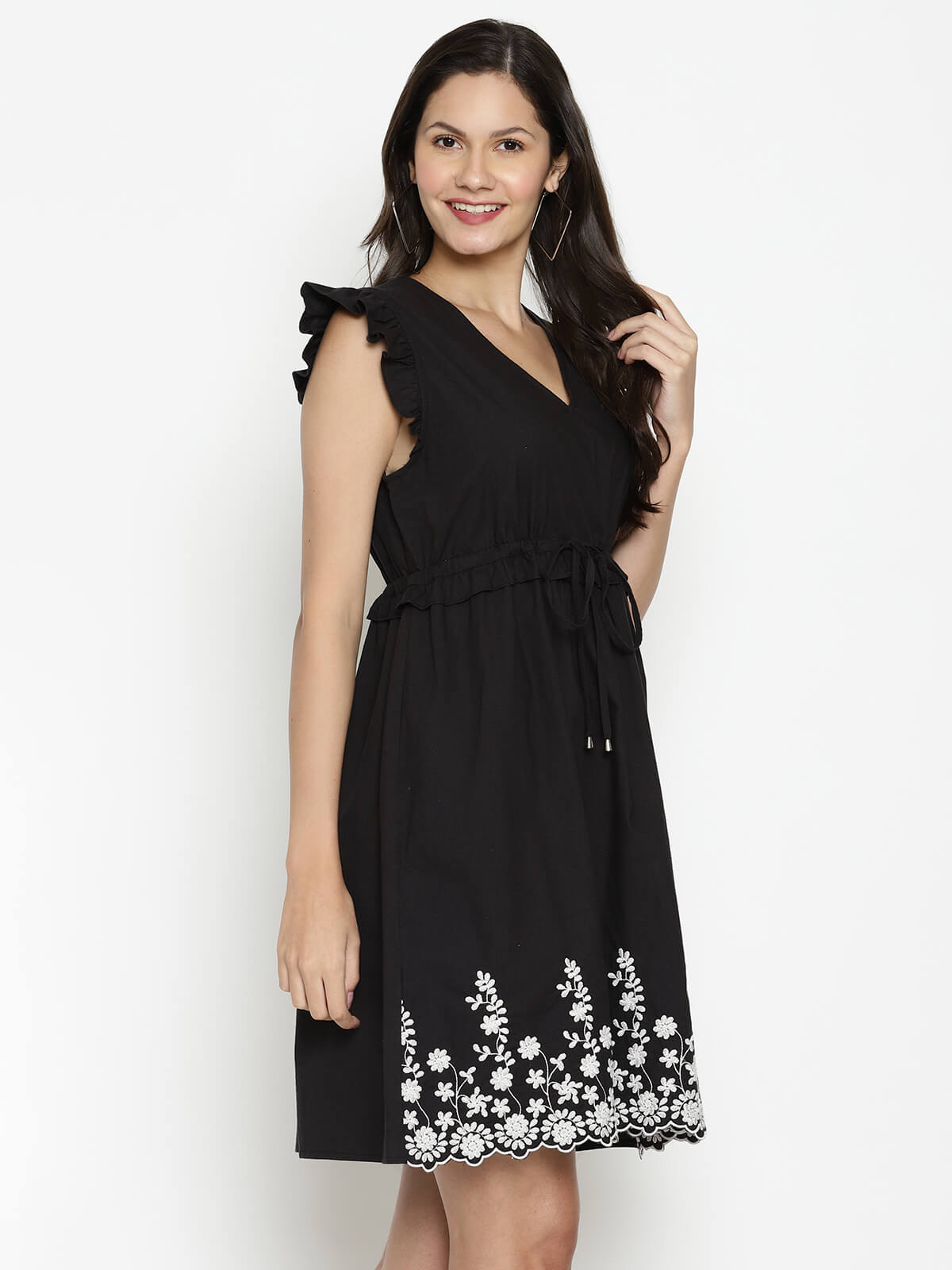 Eco Women'S V Neck Dress With Border Embroidery