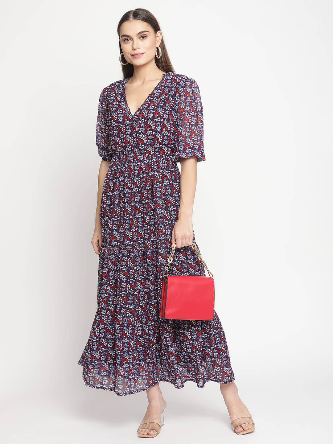 Printed Maxi Dress With Frill Details On Yoke