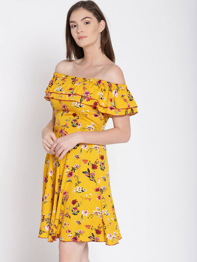 Women'S Yellow Printed Off Shoulder Dress