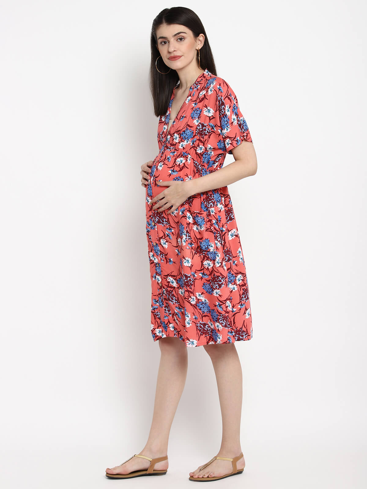Women Maternity Dress With Adjustable Waist And Feeding Access