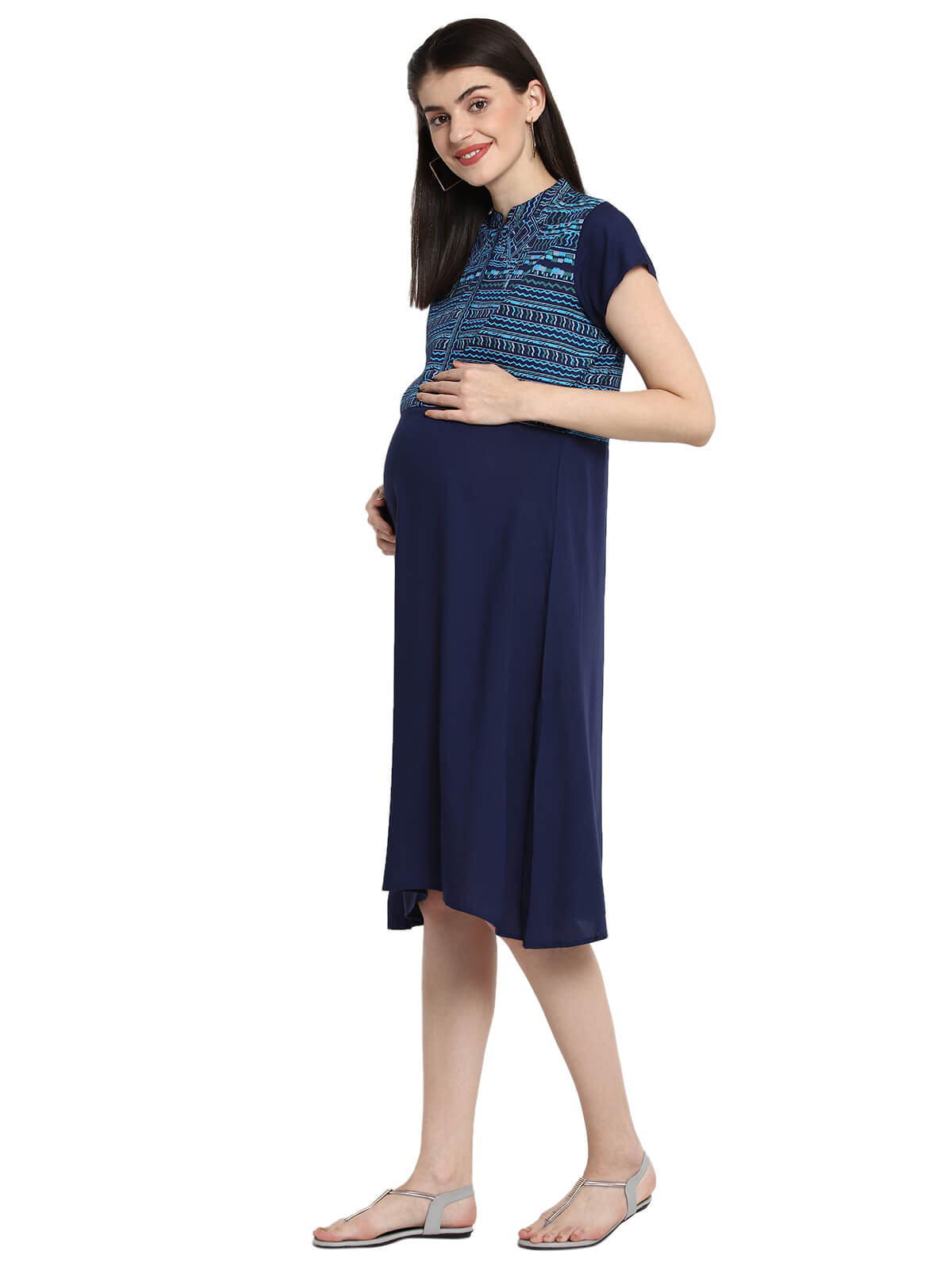 Women Maternity Dress With Printed Yoke And Nursing Access