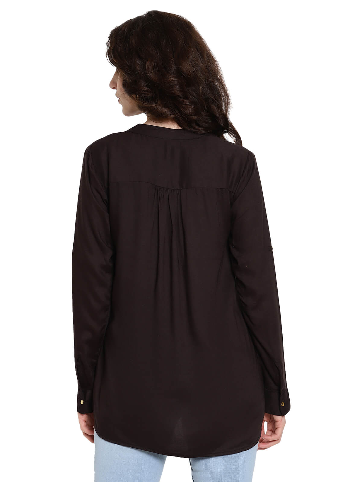 Women'S Semi Formal Black Shirt With Roll Sleeve