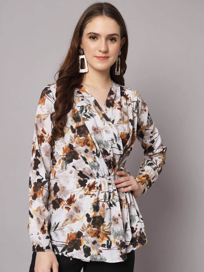 Casual Pleated Printed Wrap Blouse