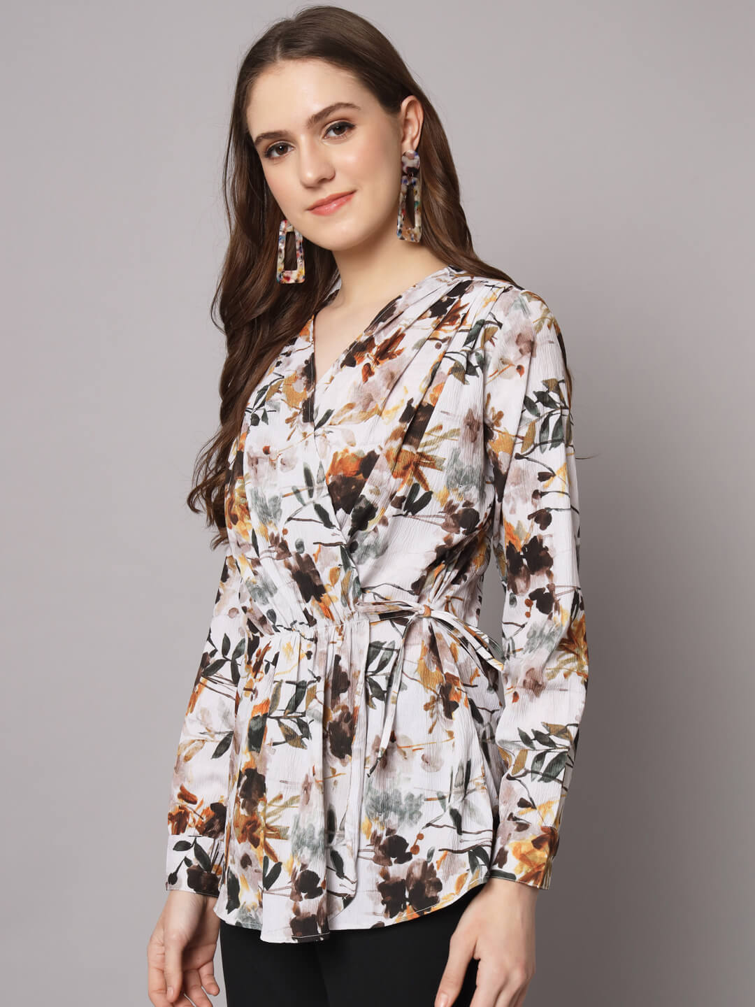 Casual Pleated Printed Wrap Blouse