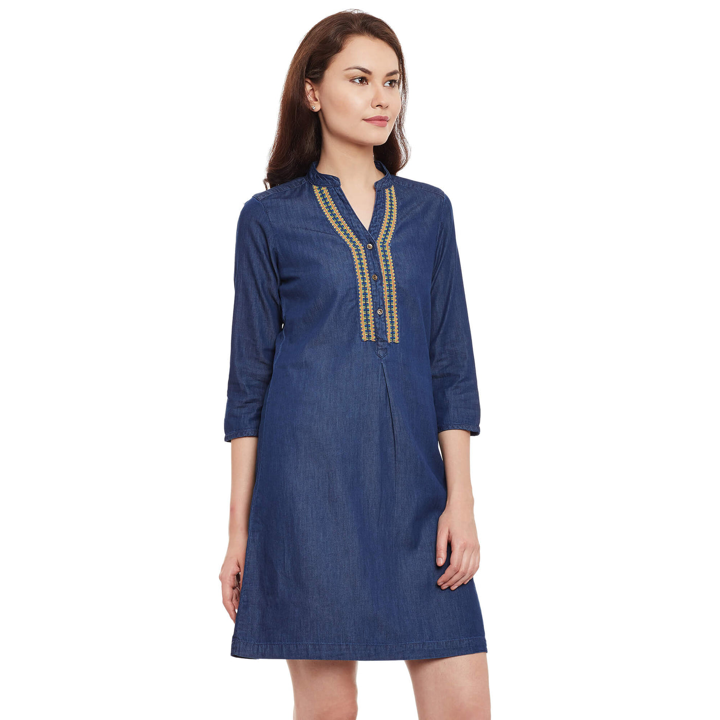 Denim dark wash tunic with 3/4th sleeves and embroidery around  slim collar placket