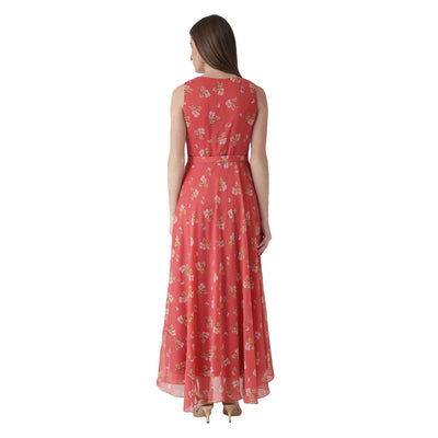 Women'S Flared Printed Maxi Dress With Waist Tie Up