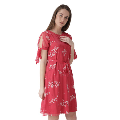 Women'S Printed Dress With Waist Tie Up