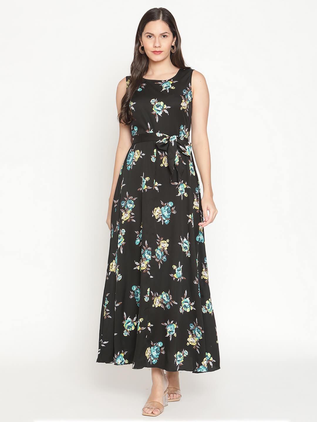 Women'S Flared Printed Maxi Dress With Waist Tie Up