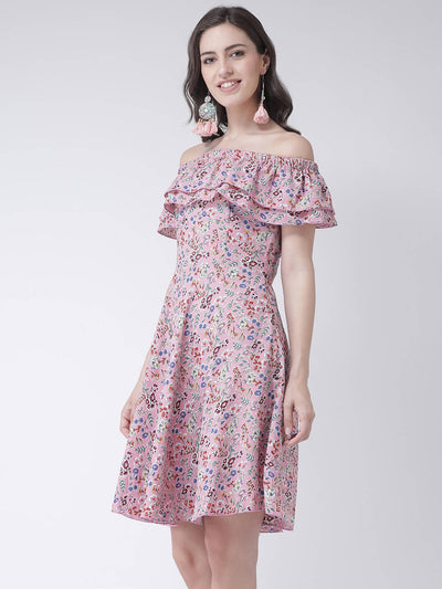Women'S Floral Print Woven Fit And Flare Dress With Ruffle Detail
