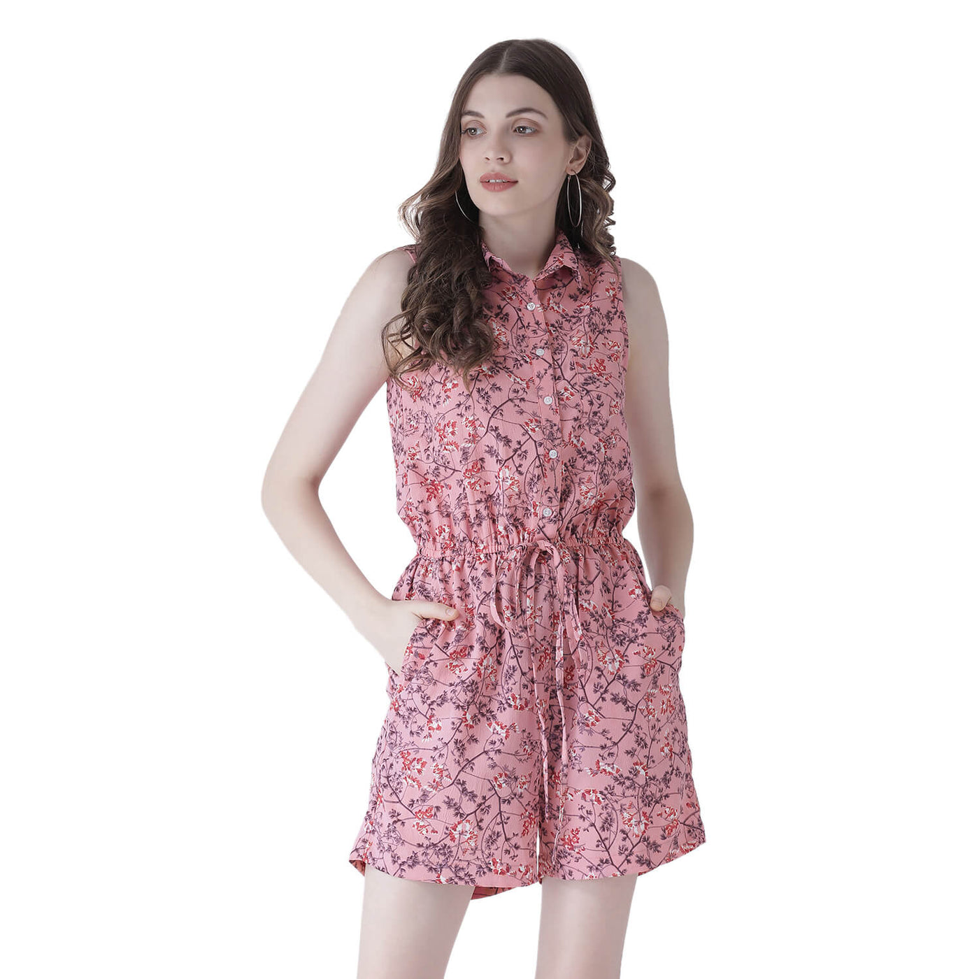 Floral Button Down Romper With Elasticated Waist