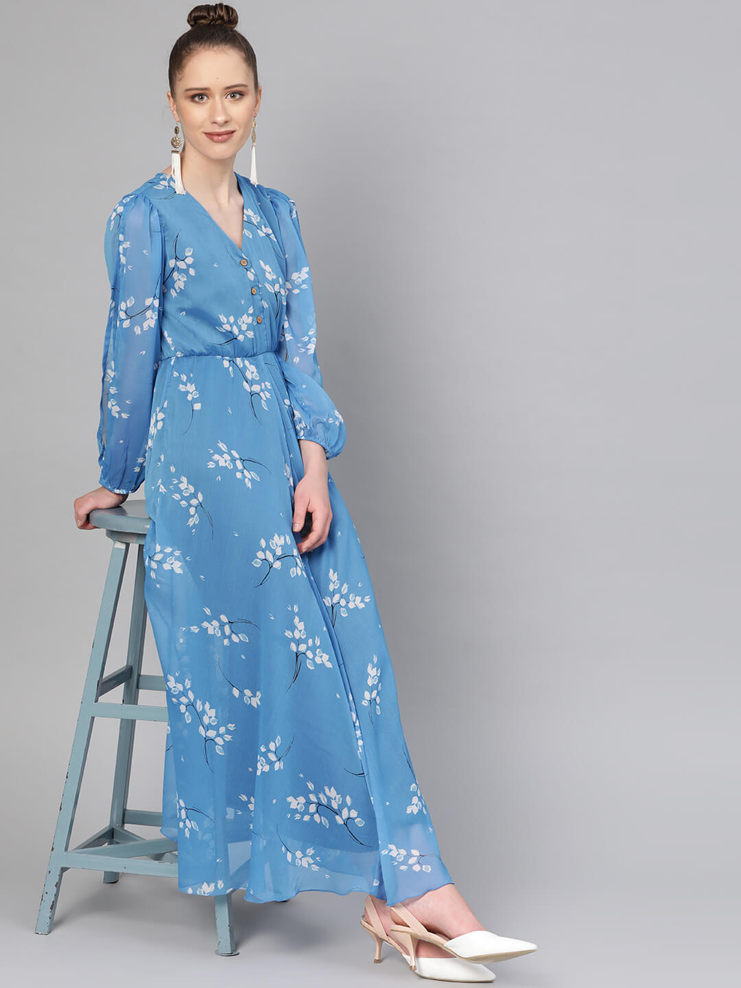 Blue Belted Flared Maxi Dress