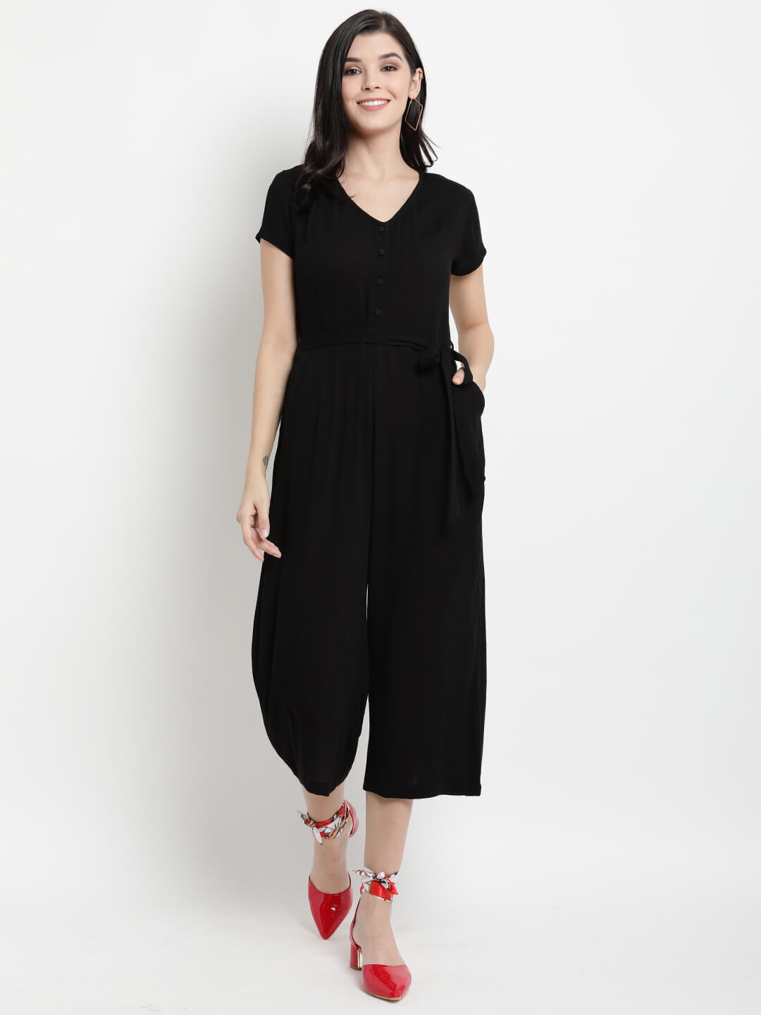 Women'S V Neck Jumpsuit With Button Opening