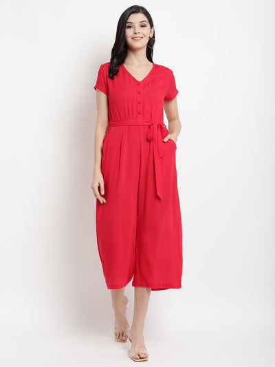 Women'S V Neck Jumpsuit With Button Opening