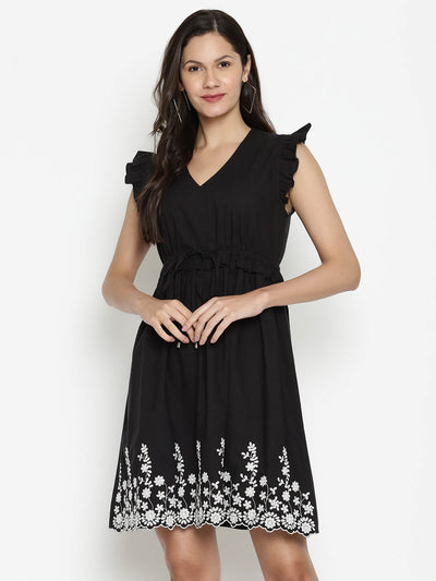 Eco Women'S V Neck Dress With Border Embroidery