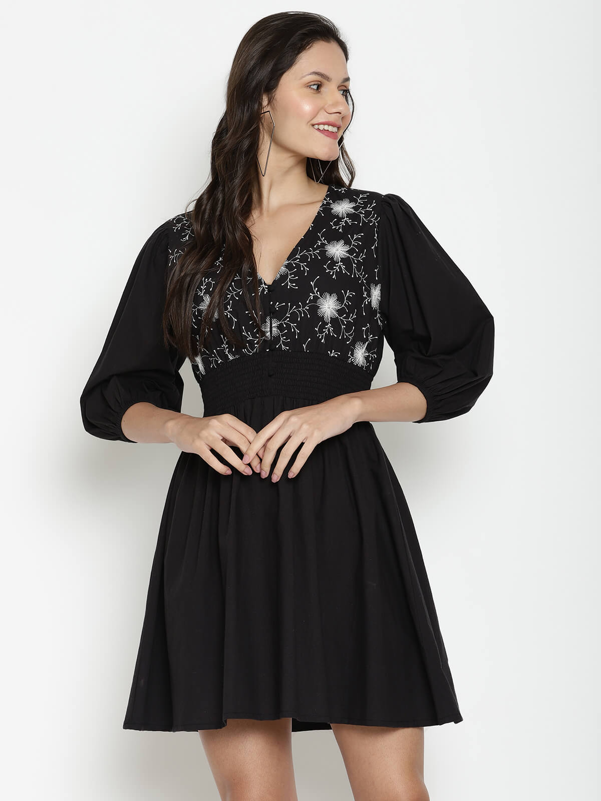 Eco Women'S V-Neck Dress With All Over Embroidery On Yoke