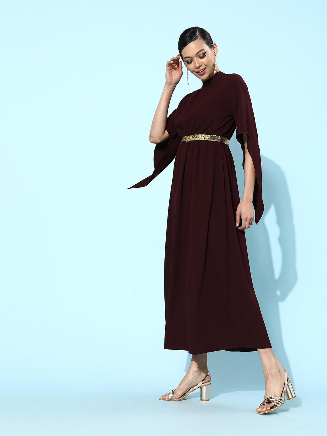 Wine Long Maxi Dress With Front Slit And Emb. Work Embellished Belt