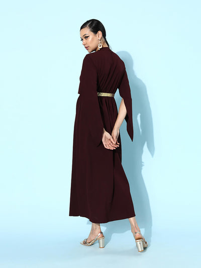 Wine Long Maxi Dress With Front Slit And Emb. Work Embellished Belt