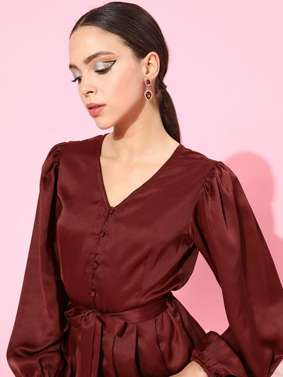 V-Neck Pleated Satin Dress With Mutton Sleeve
