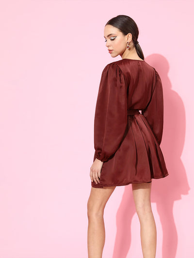 V-Neck Pleated Satin Dress With Mutton Sleeve