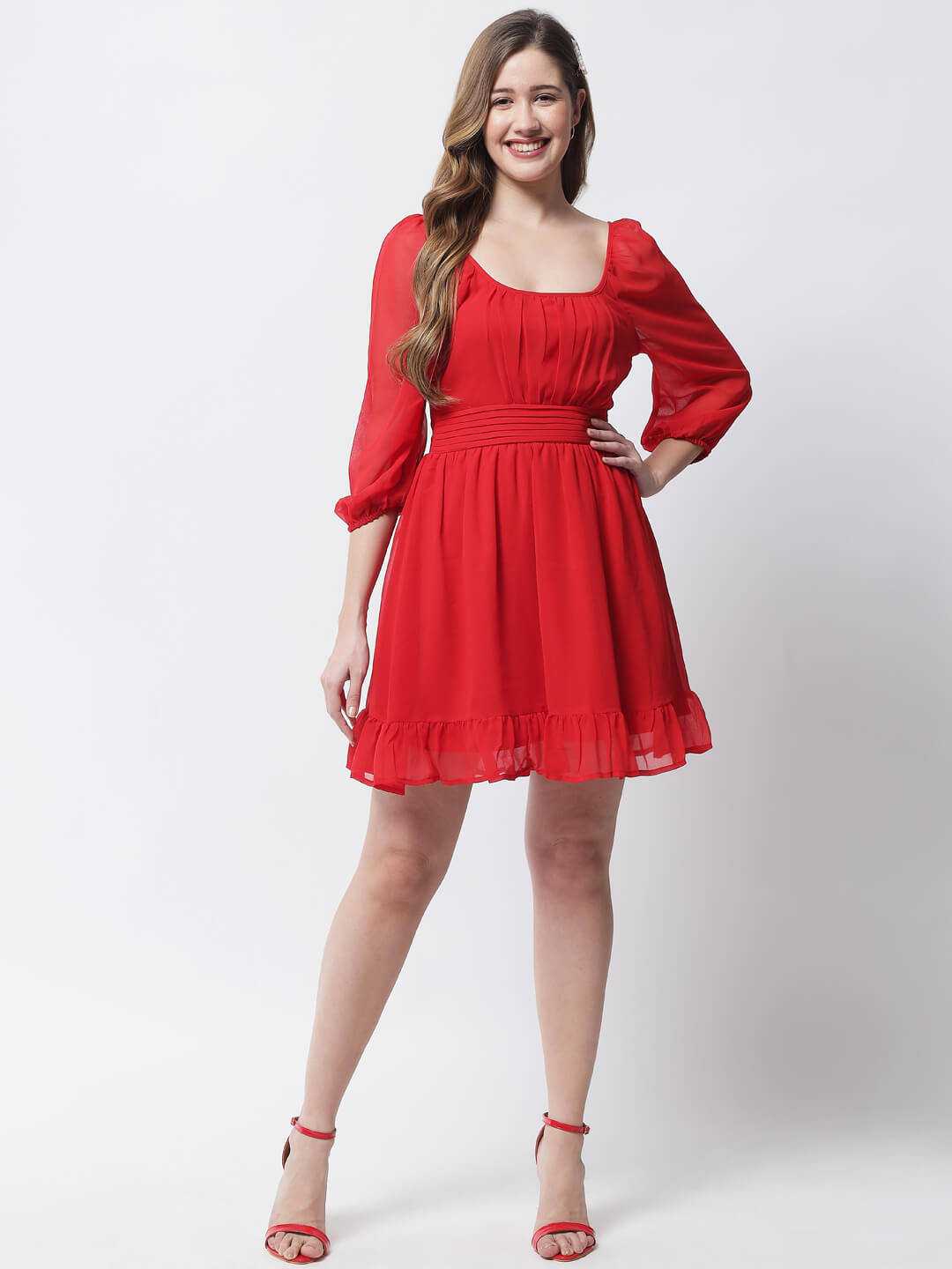 Women's Solid Knee Length Dress With Power Sleeve