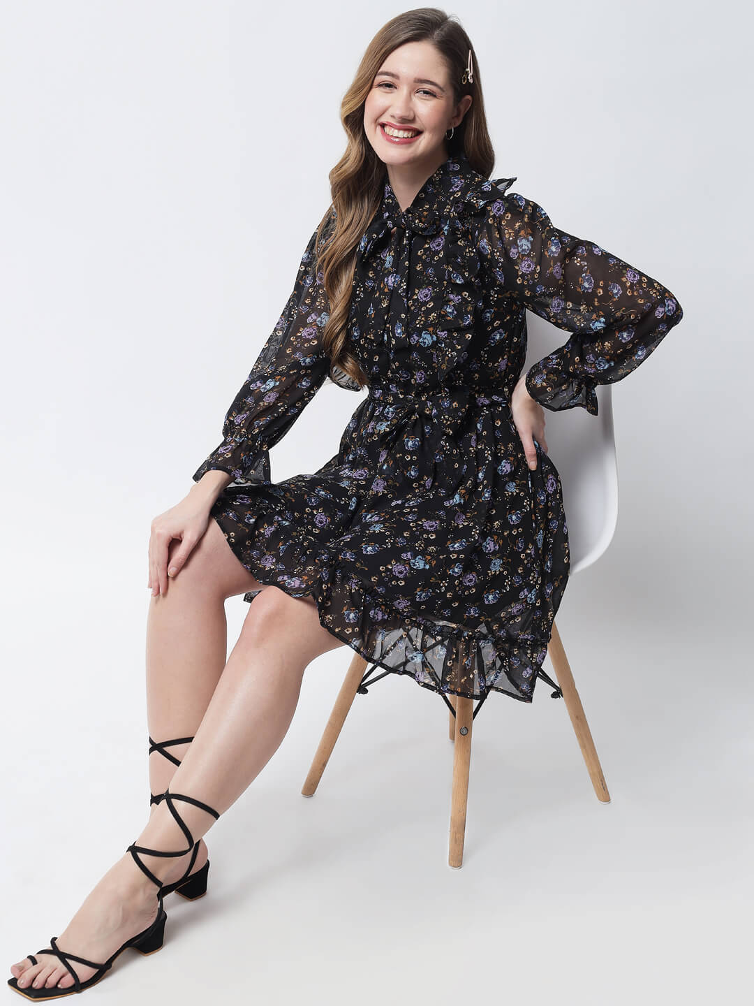 Women's Printed Frill Knee Length Dress