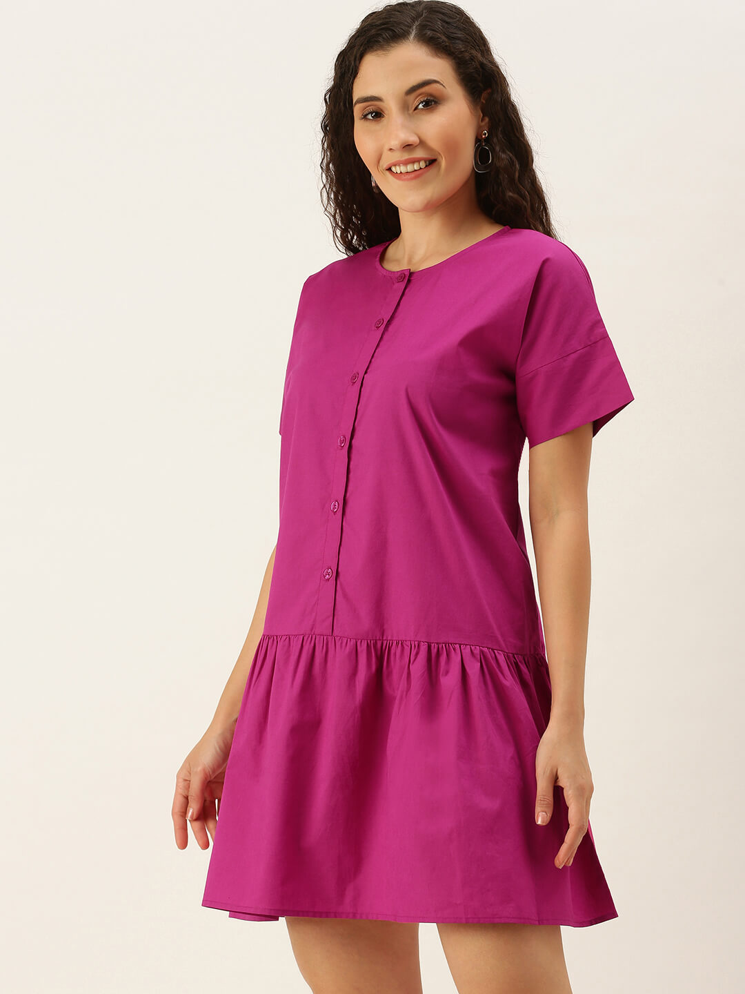Eco Women's Front Button With Waist Gathers Short Dress