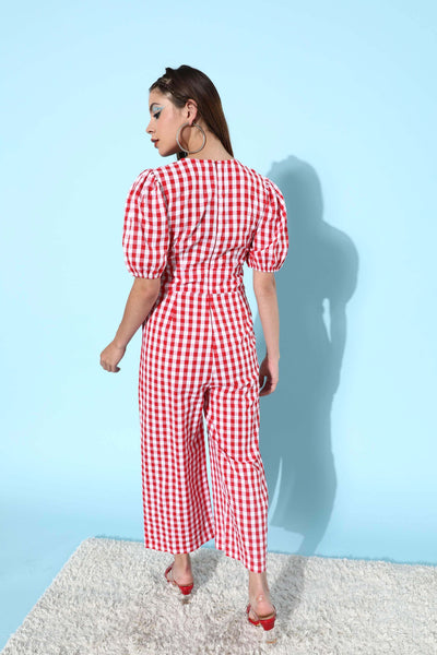 Women'S Checks Print Red Jumpsuit