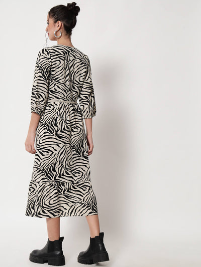 Black zebra print knee length shirt dress