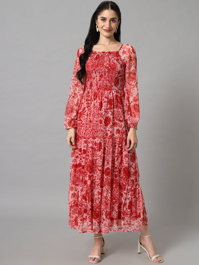 Red Floral Print Square Neck Maxi Dress