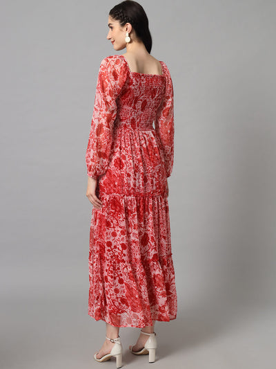 Red Floral Print Square Neck Maxi Dress