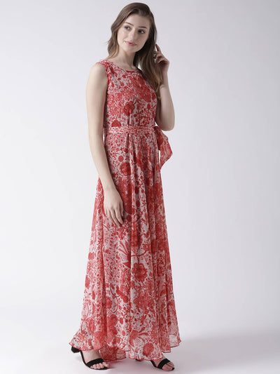 Msfq Women'S Flared Printed Maxi Dress With Waist Tie Up