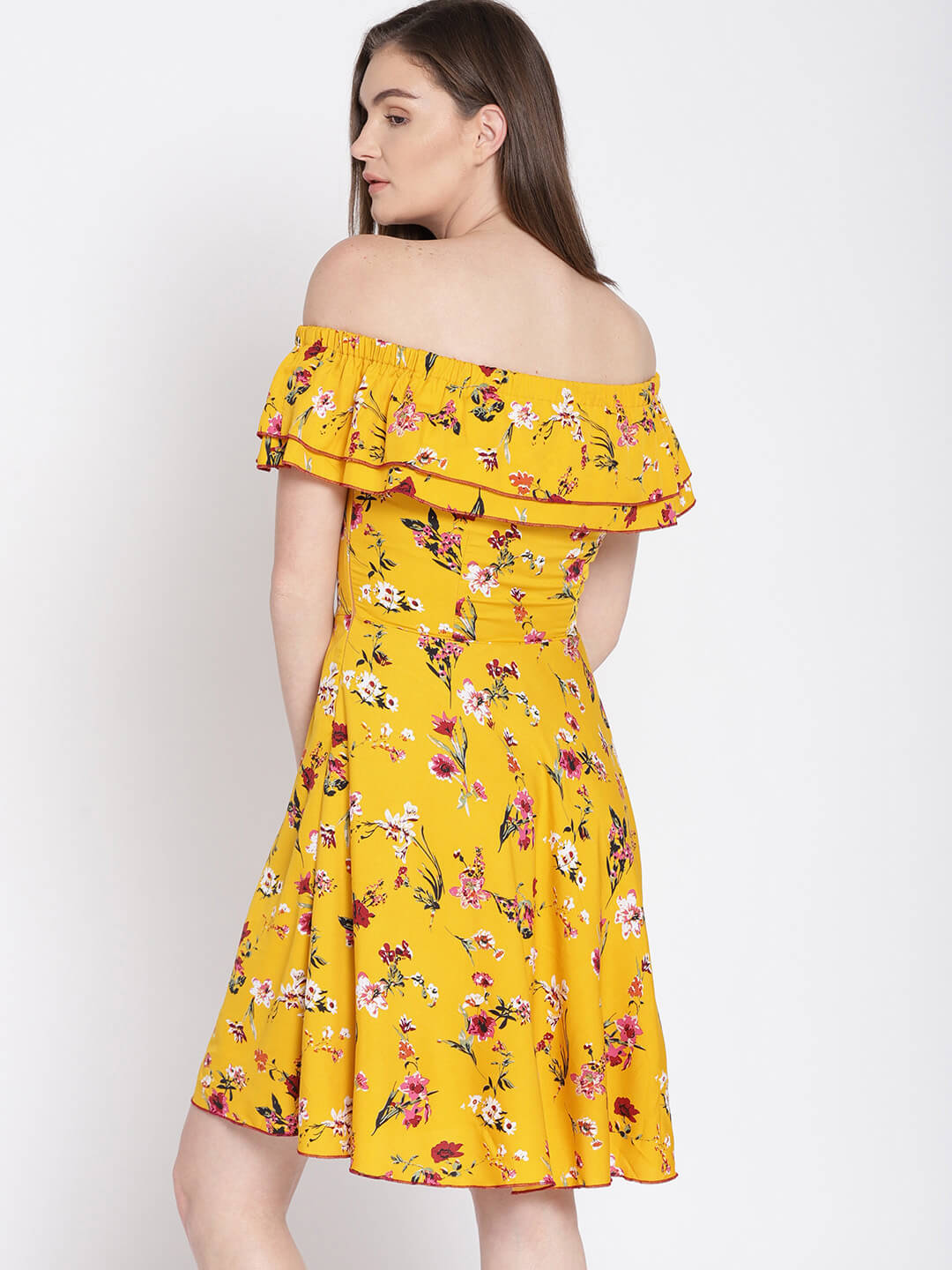 Women'S Yellow Printed Off Shoulder Dress