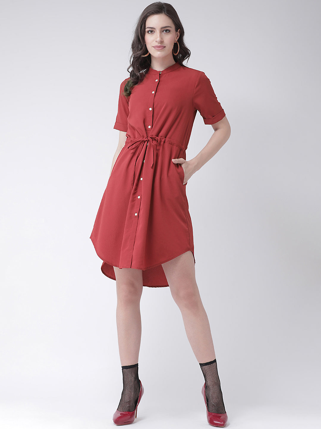 Msfq Women'S Solid Shirt Dress With Short Sleeves