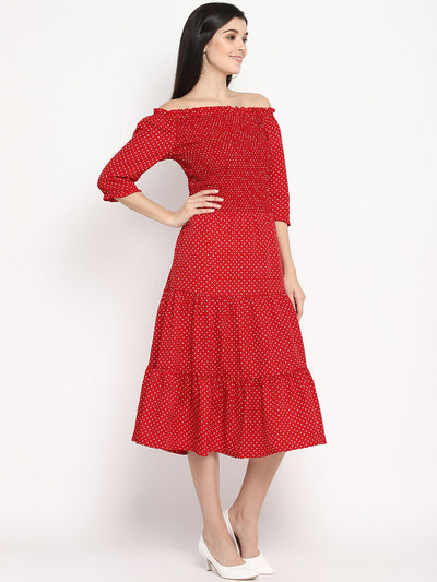 Red And White Polka Dot Off Shoulder Dress