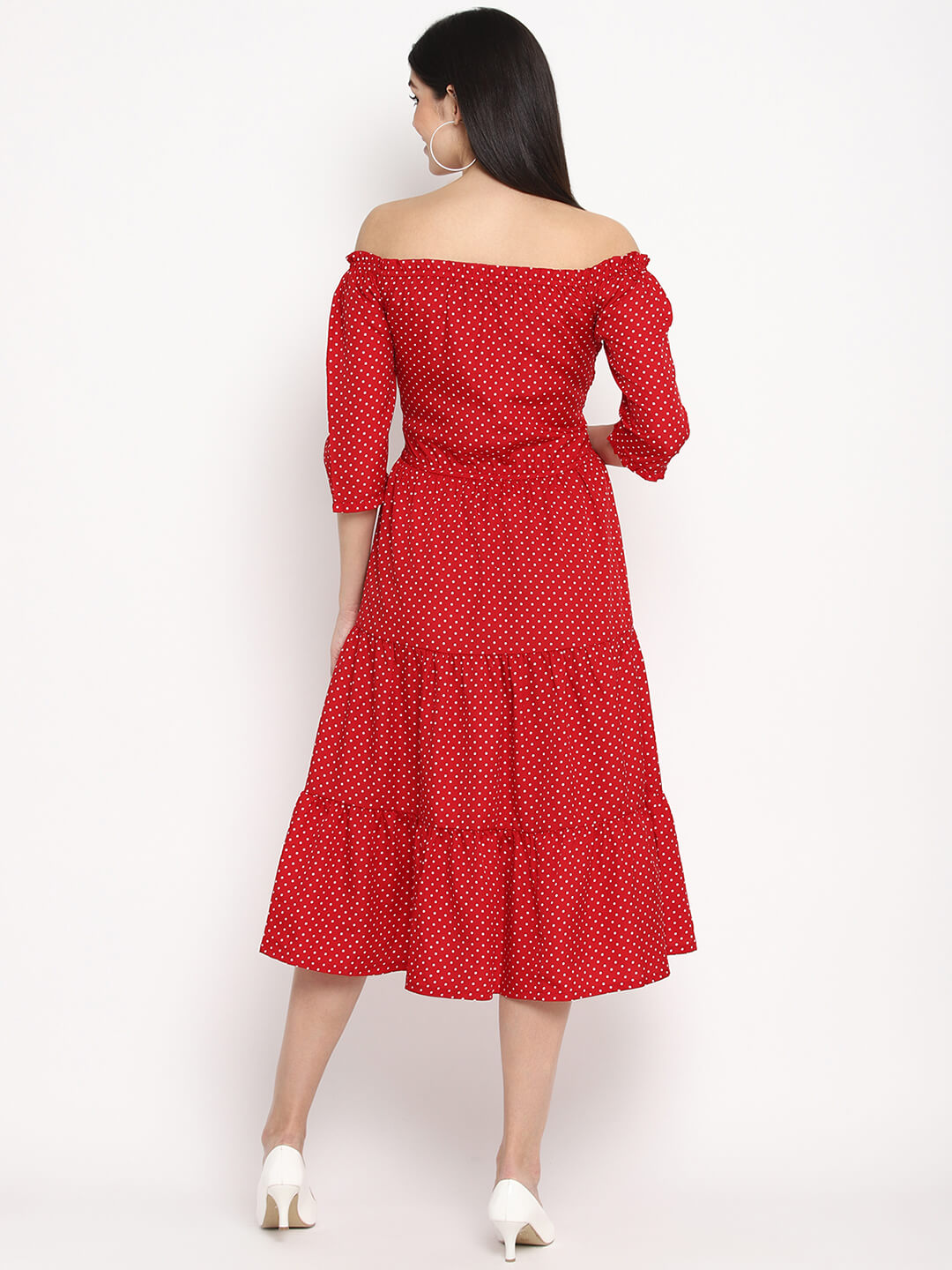 Red And White Polka Dot Off Shoulder Dress