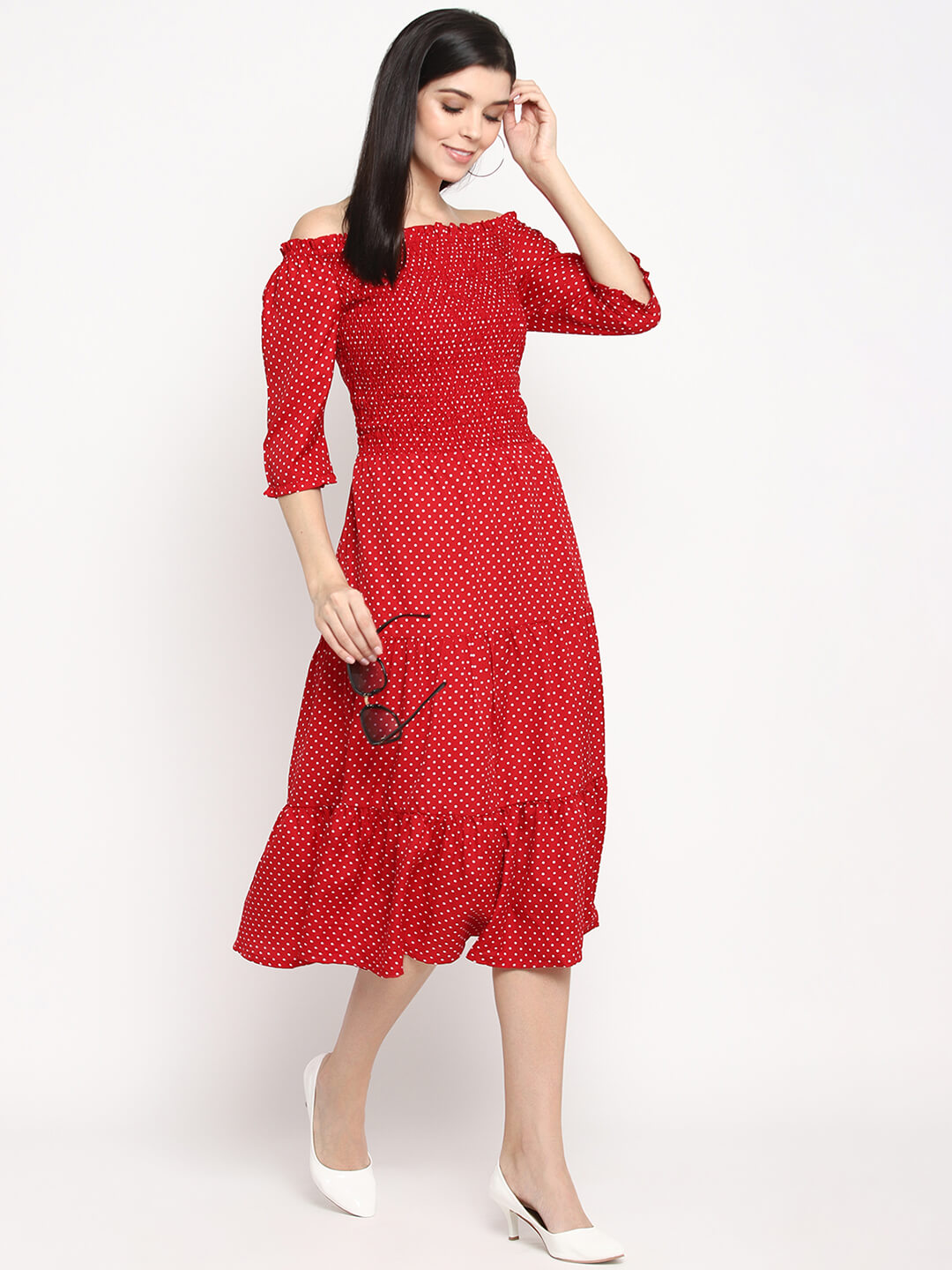 Msfq Red And White Polka Dot Off Shoulder Dress