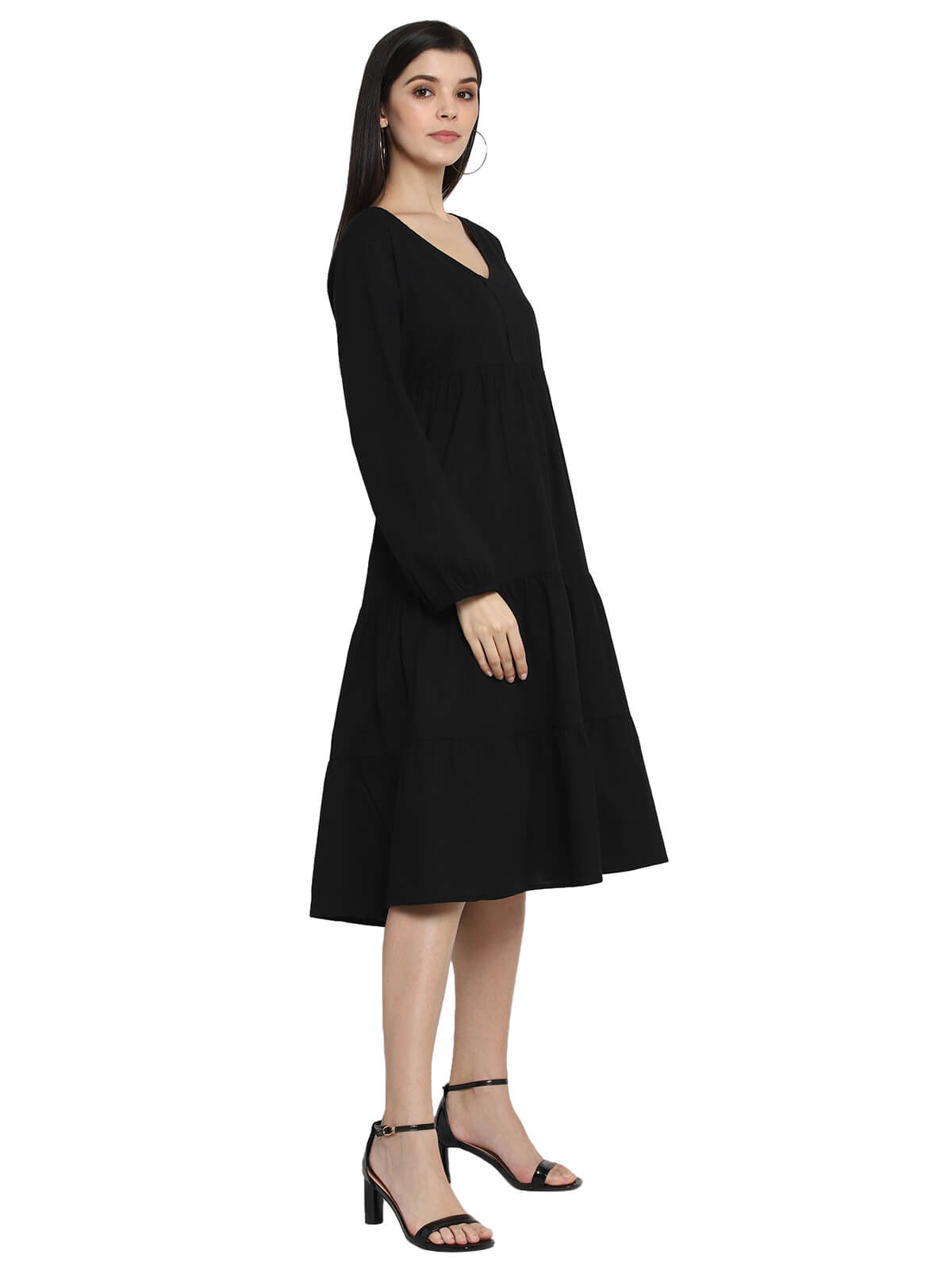 Msfq Black Solid Cotton Midi Dress