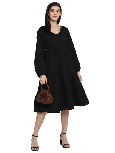 Black Solid Cotton Midi Dress