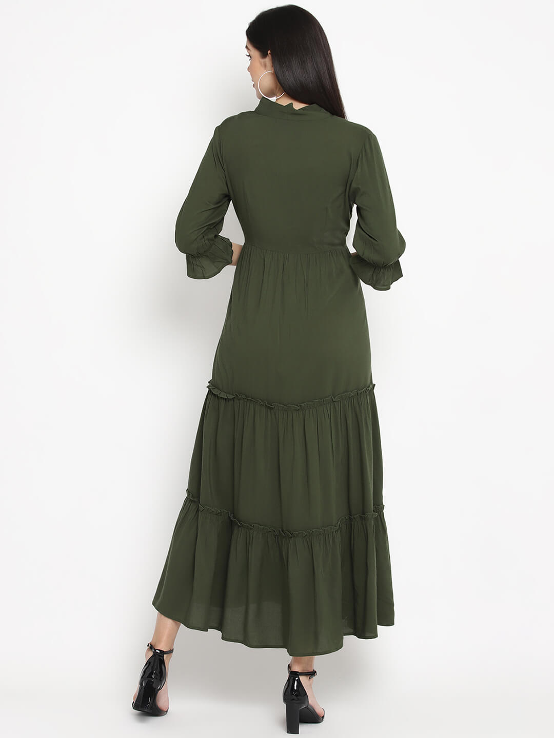 Msfq Olive Solid Maxi Dress With Tie Knot