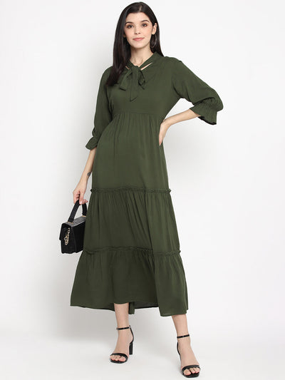 Msfq Olive Solid Maxi Dress With Tie Knot