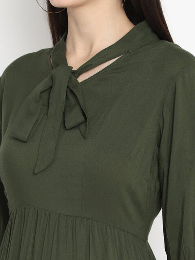 Olive Solid Maxi Dress With Tie Knot