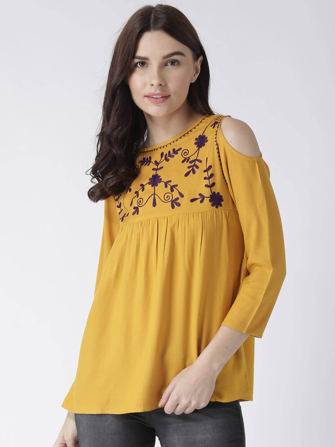 Women'S Yellow Cold Shoulder Top With Yoke Embroidery