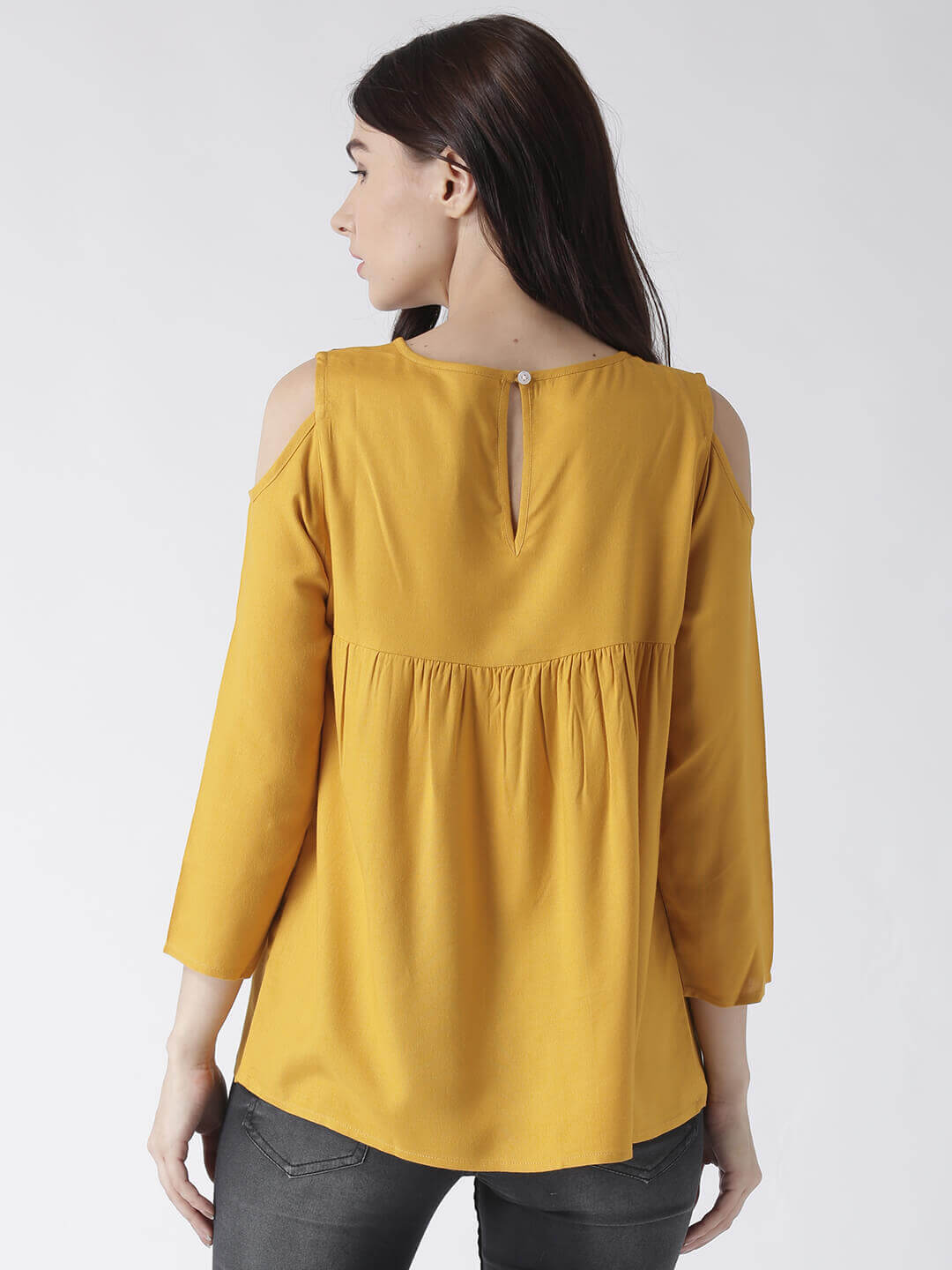Msfq Women'S Yellow Cold Shoulder Top With Yoke Embroidery