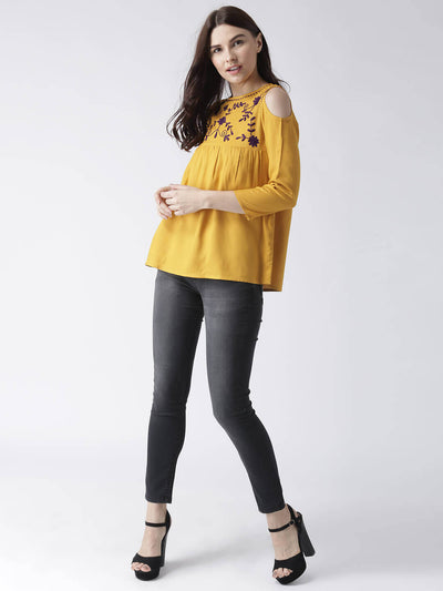Msfq Women'S Yellow Cold Shoulder Top With Yoke Embroidery