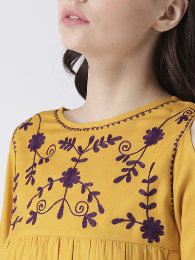 Women'S Yellow Cold Shoulder Top With Yoke Embroidery