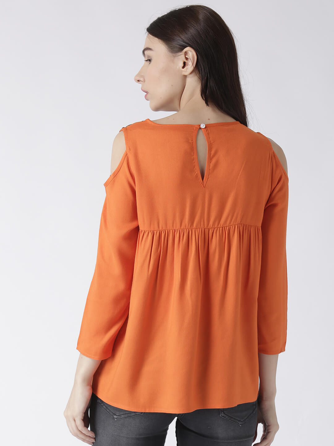 Women'S Orange Cold Shoulder Top With Yoke Embroidery