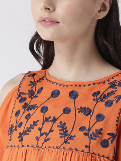 Women'S Orange Cold Shoulder Top With Yoke Embroidery