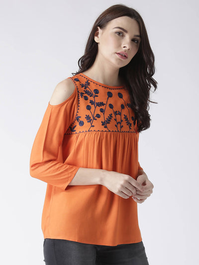 Msfq Women'S Orange Cold Shoulder Top With Yoke Embroidery