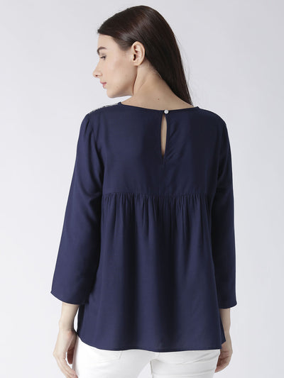 Women'S Navy Top With Embroidered Yoke